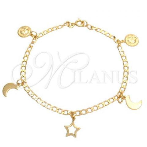 Oro Laminado Charm Bracelet, Gold Filled Style Sun and Moon Design, Polished, Golden Finish, 03.58.0052.07