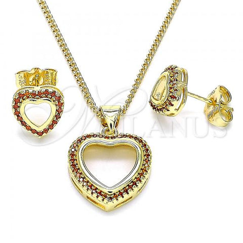 Oro Laminado Earring and Pendant Adult Set, Gold Filled Style Heart Design, with Garnet Micro Pave, Polished, Golden Finish, 10.156.0414.1