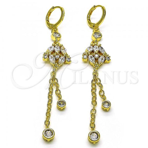 Oro Laminado Long Earring, Gold Filled Style Rolo and Frog Design, with White Cubic Zirconia, Polished, Golden Finish, 02.316.0085.1