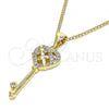 Oro Laminado Pendant Necklace, Gold Filled Style key and Heart Design, with White Micro Pave, Polished, Golden Finish, 04.342.0018.20