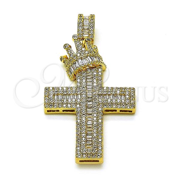 Oro Laminado Religious Pendant, Gold Filled Style Cross and Crown Design, with White Cubic Zirconia and White Micro Pave, Polished, Golden Finish, 05.253.0178
