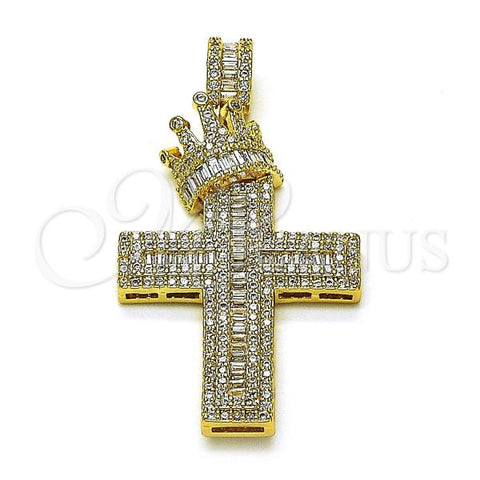 Oro Laminado Religious Pendant, Gold Filled Style Cross and Crown Design, with White Cubic Zirconia and White Micro Pave, Polished, Golden Finish, 05.253.0178