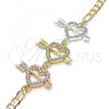 Oro Laminado Fancy Bracelet, Gold Filled Style Heart Design, with White Crystal, Polished, Tricolor, 03.380.0123.07