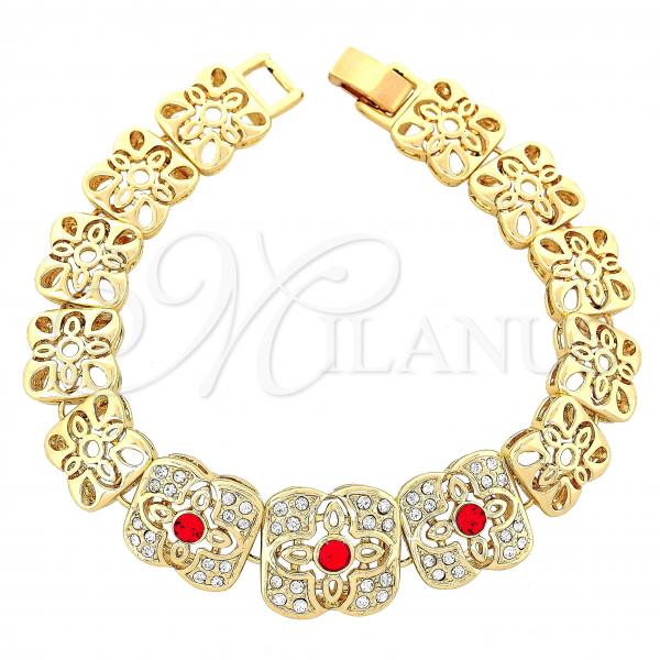 Oro Laminado Fancy Bracelet, Gold Filled Style Flower Design, with Garnet and White Crystal, Polished, Golden Finish, 03.91.0046.1.08