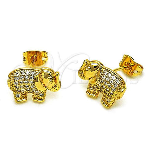 Oro Laminado Stud Earring, Gold Filled Style Elephant Design, with White Micro Pave, Polished, Golden Finish, 02.342.0270