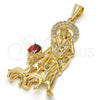 Oro Laminado Religious Pendant, Gold Filled Style San Lazaro Design, with White and Garnet Cubic Zirconia, Polished, Golden Finish, 05.120.0037