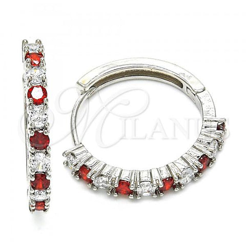 Rhodium Plated Huggie Hoop, with Garnet and White Cubic Zirconia, Polished, Rhodium Finish, 02.210.0095.7.25