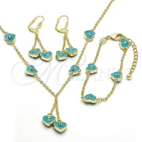 Oro Laminado Earring and Pendant Children Set, Gold Filled Style Heart Design, with White Crystal, Turquoise Enamel Finish, Golden Finish, 06.60.0003