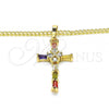 Oro Laminado Pendant Necklace, Gold Filled Style Cross Design, with Multicolor Cubic Zirconia, Polished, Golden Finish, 04.284.0008.3.20
