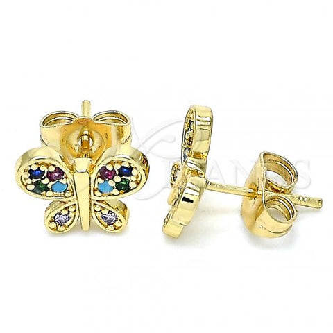 Oro Laminado Stud Earring, Gold Filled Style Butterfly Design, with Multicolor Micro Pave, Polished, Golden Finish, 02.210.0464.1