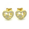 Oro Laminado Stud Earring, Gold Filled Style Heart and Love Design, with White Micro Pave, Polished, Golden Finish, 02.156.0391