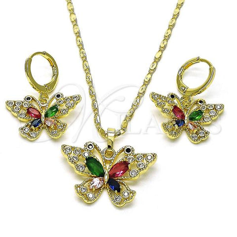 Oro Laminado Earring and Pendant Adult Set, Gold Filled Style Butterfly Design, with Multicolor Cubic Zirconia and White Micro Pave, Polished, Golden Finish, 10.196.0125
