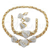 Oro Laminado Necklace, Bracelet, Earring and Ring, Gold Filled Style Hugs and Kisses and Love Design, with White Crystal, White Enamel Finish, Golden Finish, 06.380.0003