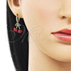 Oro Laminado Dangle Earring, Gold Filled Style Cherry Design, with White Micro Pave, Red Enamel Finish, Golden Finish, 02.417.0003