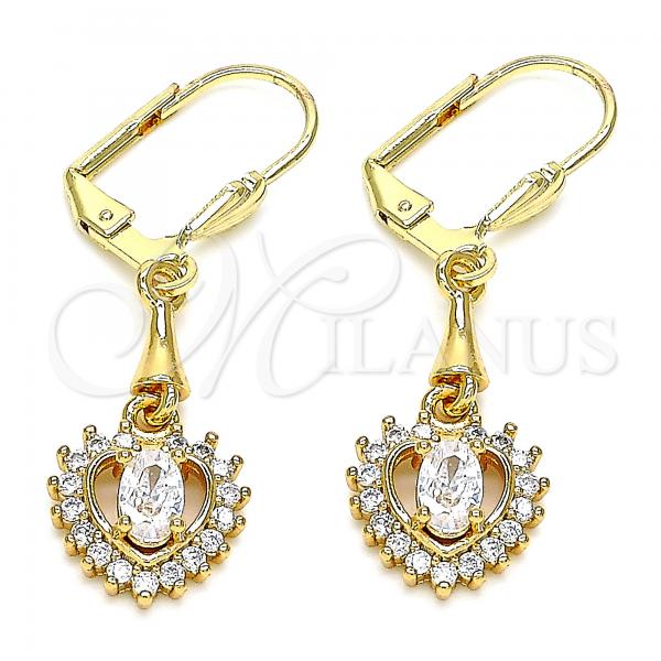 Oro Laminado Long Earring, Gold Filled Style Heart Design, with White Cubic Zirconia, Polished, Golden Finish, 02.213.0336