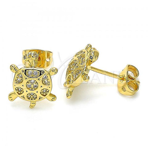 Oro Laminado Stud Earring, Gold Filled Style Turtle Design, with White Cubic Zirconia, Polished, Golden Finish, 02.342.0063