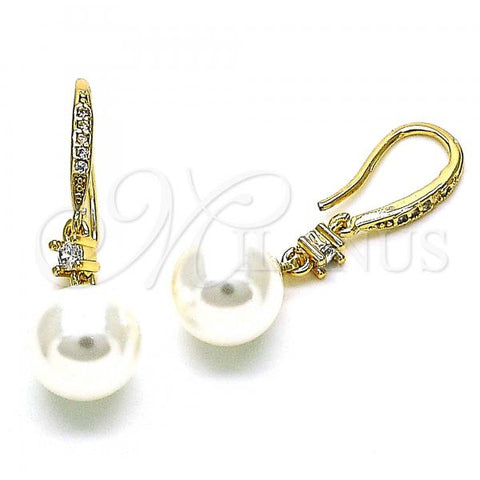 Oro Laminado Long Earring, Gold Filled Style with Ivory Pearl and White Micro Pave, Polished, Golden Finish, 02.387.0110