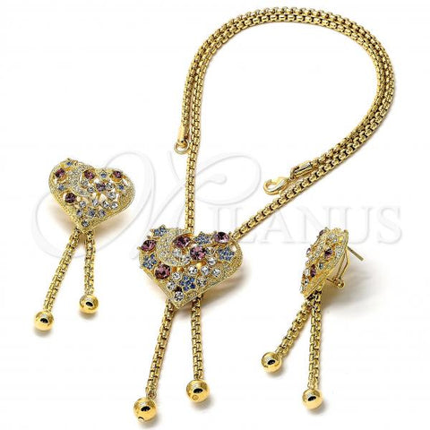 Oro Laminado Necklace and Earring, Gold Filled Style Heart and Moon Design, with Multicolor Crystal, Polished, Golden Finish, 06.59.0091.1