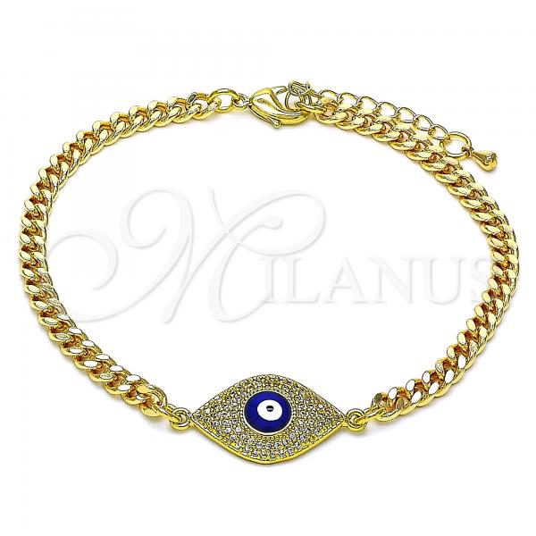 Oro Laminado Fancy Bracelet, Gold Filled Style Evil Eye Design, with White Micro Pave, Blue Enamel Finish, Golden Finish, 03.368.0075.08