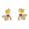 Oro Laminado Stud Earring, Gold Filled Style Dragon-Fly Design, with Ruby Cubic Zirconia and White Micro Pave, Polished, Golden Finish, 02.199.0028.2