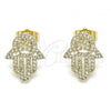 Oro Laminado Stud Earring, Gold Filled Style Hand of God Design, with White Micro Pave, Polished, Golden Finish, 02.284.0043