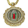 Oro Laminado Religious Pendant, Gold Filled Style Guadalupe and Centenario Coin Design, with White Cubic Zirconia, Polished, Tricolor, 05.380.0162