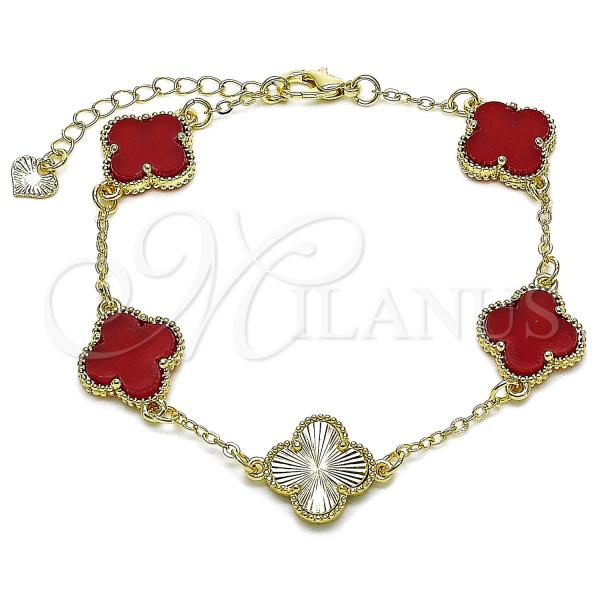 Oro Laminado Fancy Bracelet, Gold Filled Style Four-leaf Clover and Rolo Design, with Garnet Mother of Pearl, Diamond Cutting Finish, Golden Finish, 03.414.0002.07