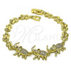 Oro Laminado Fancy Bracelet, Gold Filled Style Elephant and Leaf Design, with White and Ruby Micro Pave, Polished, Golden Finish, 03.284.0023.07