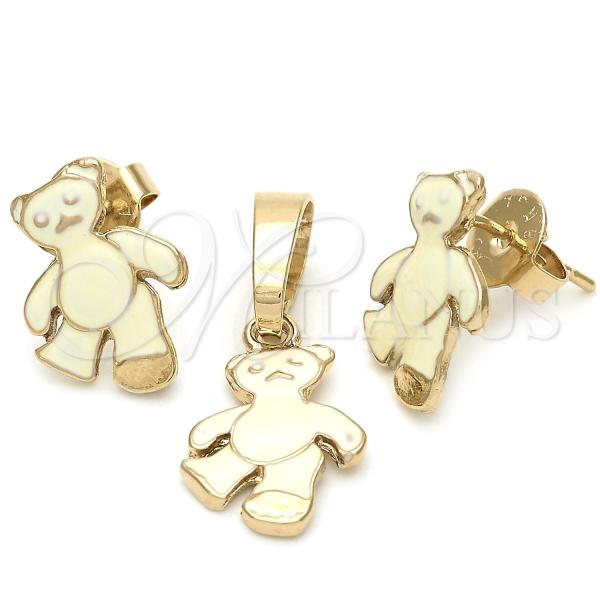 Oro Laminado Earring and Pendant Children Set, Gold Filled Style Bird Design, Enamel Finish, Golden Finish, 10.64.0092