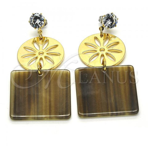 Oro Laminado Long Earring, Gold Filled Style Flower Design, with White Cubic Zirconia, Mustard Resin Finish, Golden Finish, 02.268.0072.1