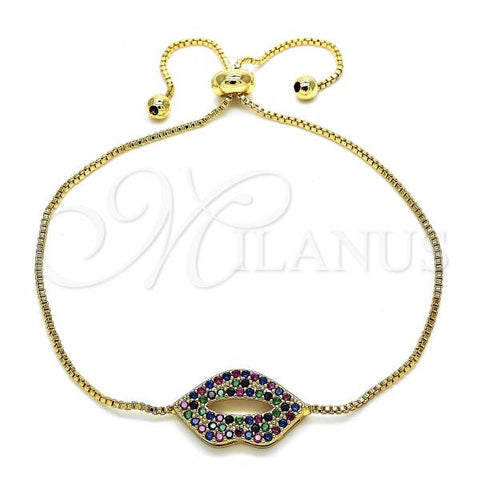 Oro Laminado Adjustable Bolo Bracelet, Gold Filled Style Lips Design, with Multicolor Micro Pave, Polished, Golden Finish, 03.155.0057.11