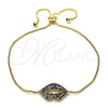 Oro Laminado Adjustable Bolo Bracelet, Gold Filled Style Lips Design, with Multicolor Micro Pave, Polished, Golden Finish, 03.155.0057.11