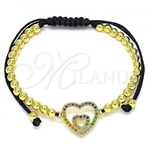 Oro Laminado Adjustable Bolo Bracelet, Gold Filled Style Heart and Ball Design, with Multicolor Micro Pave, Polished, Golden Finish, 03.299.0087.11