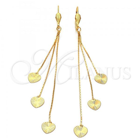 Oro Laminado Long Earring, Gold Filled Style Heart and Long Box Design, Diamond Cutting Finish, Golden Finish, 02.63.0627