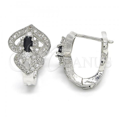 Rhodium Plated Huggie Hoop, Heart Design, with Black and White Cubic Zirconia, Polished, Rhodium Finish, 02.217.0095.6.15