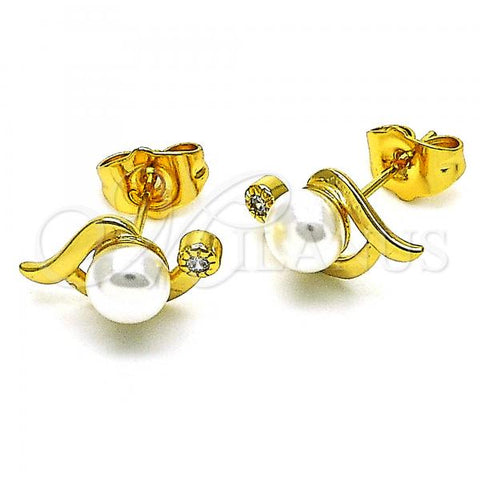 Oro Laminado Stud Earring, Gold Filled Style with White Cubic Zirconia and Ivory Pearl, Polished, Golden Finish, 02.344.0150