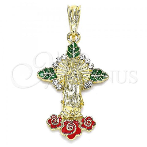 Oro Laminado Religious Pendant, Gold Filled Style Guadalupe and Flower Design, with White Crystal, Multicolor Enamel Finish, Golden Finish, 05.380.0049