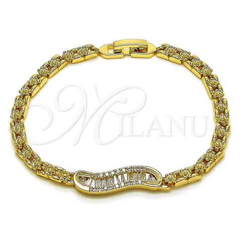 Oro Laminado Fancy Bracelet, Gold Filled Style Flower and Baguette Design, with White Cubic Zirconia and White Micro Pave, Polished, Golden Finish, 03.283.0306.07