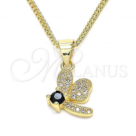 Oro Laminado Pendant Necklace, Gold Filled Style Dragon-Fly Design, with Black Cubic Zirconia and White Micro Pave, Polished, Golden Finish, 04.199.0035.3.20