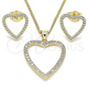 Oro Laminado Earring and Pendant Adult Set, Gold Filled Style Heart Design, with White Micro Pave, Polished, Golden Finish, 10.156.0326
