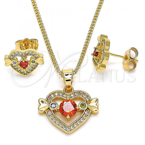 Oro Laminado Earring and Pendant Adult Set, Gold Filled Style Heart Design, with Multicolor Cubic Zirconia, Polished, Golden Finish, 10.210.0119.2