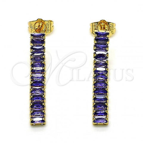 Oro Laminado Long Earring, Gold Filled Style Baguette Design, with Amethyst Cubic Zirconia, Polished, Golden Finish, 02.403.0001.4