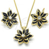 Oro Laminado Earring and Pendant Adult Set, Gold Filled Style Flower Design, with Black and White Crystal, Polished, Golden Finish, 10.64.0157.4