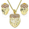 Oro Laminado Earring and Pendant Adult Set, Gold Filled Style Heart Design, with Garnet and White Micro Pave, Diamond Cutting Finish, Golden Finish, 10.233.0040.7