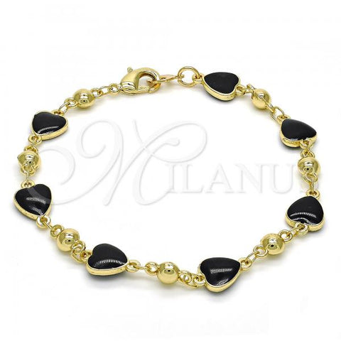 Oro Laminado Fancy Bracelet, Gold Filled Style Heart Design, Black Enamel Finish, Golden Finish, 03.213.0082.1.08