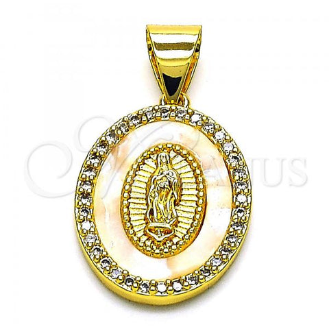 Oro Laminado Religious Pendant, Gold Filled Style Guadalupe Design, with White Micro Pave and Ivory Mother of Pearl, Polished, Golden Finish, 05.342.0153