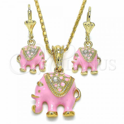 Oro Laminado Earring and Pendant Adult Set, Gold Filled Style Elephant Design, with White Crystal, Pink Enamel Finish, Golden Finish, 10.351.0004.5