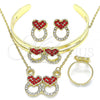 Oro Laminado Necklace, Bracelet, Earring and Ring, Gold Filled Style Heart Design, with Garnet and White Crystal, Polished, Golden Finish, 06.361.0023.1