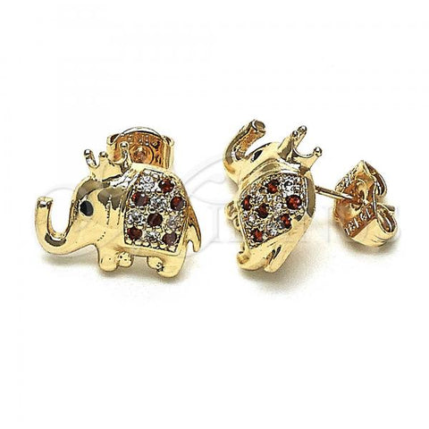 Oro Laminado Stud Earring, Gold Filled Style Elephant and Crown Design, with Garnet and White Micro Pave, Polished, Golden Finish, 02.185.0009.1