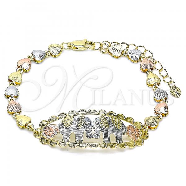 Oro Laminado Fancy Bracelet, Gold Filled Style Elephant and Flower Design, Polished, Tricolor, 03.380.0109.08